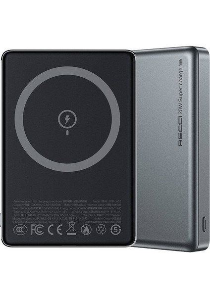 Hızlı Şarj Özellikli Magsafe Powerbank Recci RPB-W26 Armor Serisi Ultra Ince PD20W 15W 10000MAH Gri