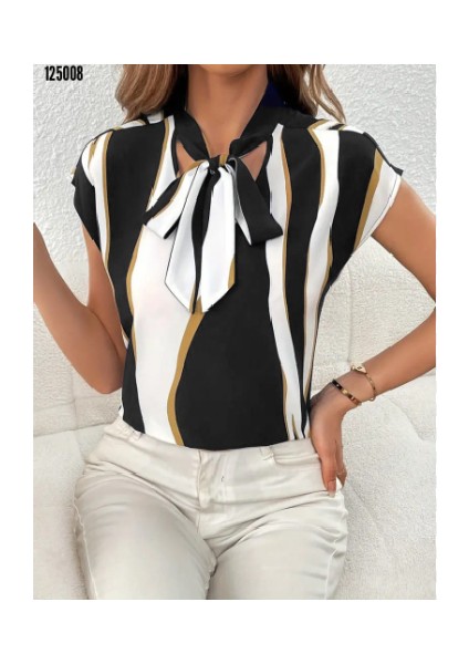 Kadın Kısa Kollu Boyundan Bağlamalı Desenli Dokuma Bluz