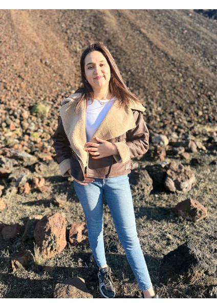 Içi Suni Kürklü Suni Süet Crop Biker Ceket