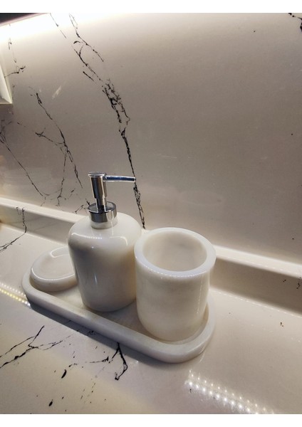 4 Lü Mermer Banyo Seti Dikdörtken Mermer Banyo Seti Beyaz Mermer
