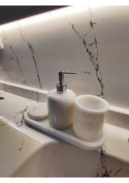 4 Lü Mermer Banyo Seti Dikdörtken Mermer Banyo Seti Beyaz Mermer