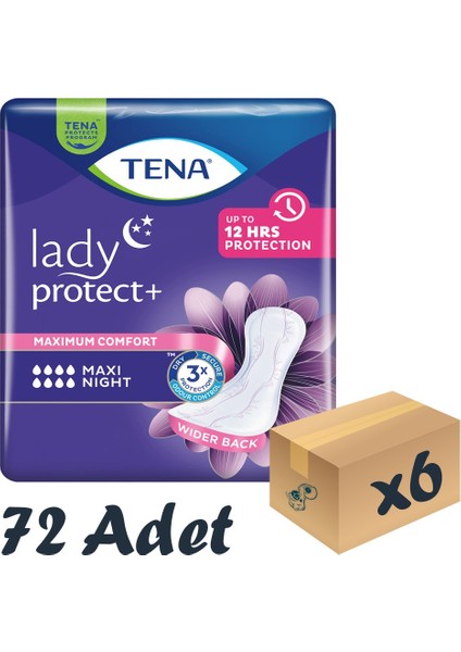 TENA Lady Maxi Night Kadın Gece Mesane Pedi 8 Damla 12'li 6 Paket 72 Adet