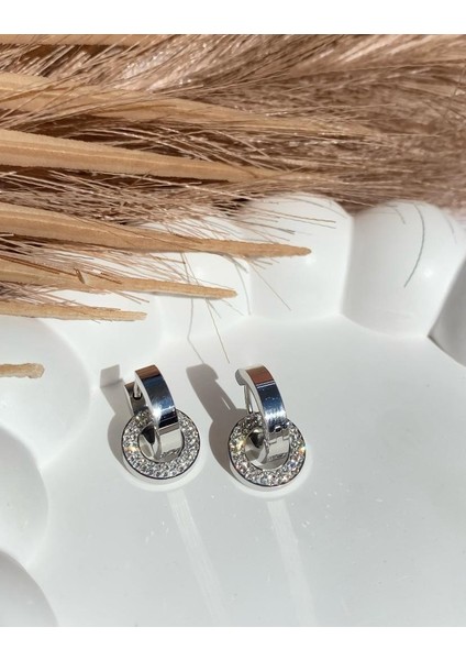 Gümüş / Silver Renk Zirkon Taşlı Diskli 316L Çelik Küpe