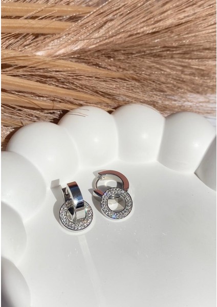 Gümüş / Silver Renk Zirkon Taşlı Diskli 316L Çelik Küpe fiyatları