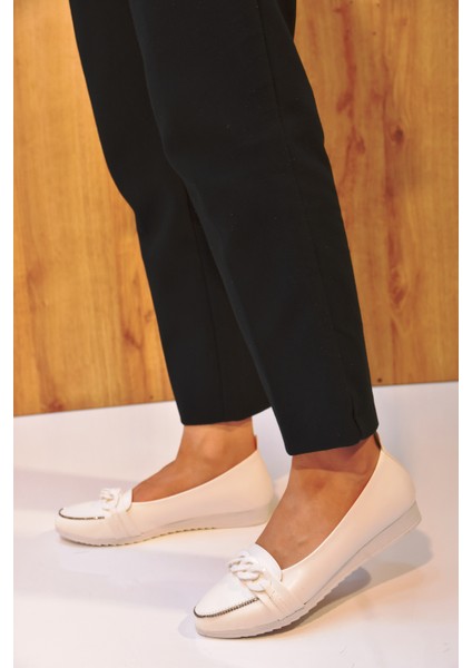 Oc Shoes D8787 Kadın Halka Geçmeli Babet Ayakkabı Beyaza Beyaz