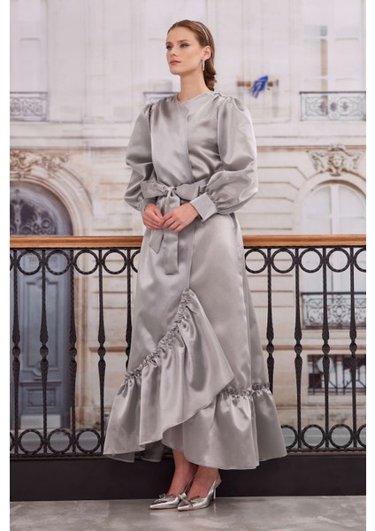 Fırfırlı Tafta Kaftan Açık Gri