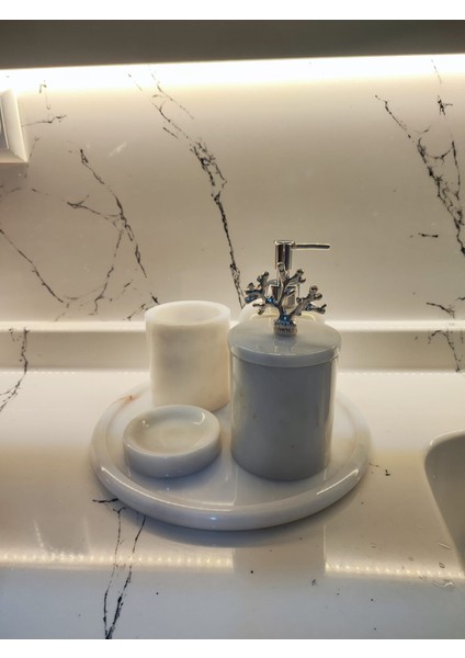 5 Li Mermer Banyo Seti Beyaz Sabunluk Şık Banyo Takımı