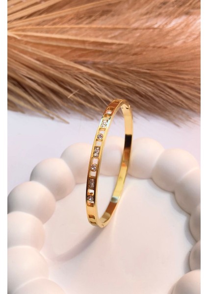 Altın / Gold Renk Zirkon Taşlı 316L Çelik Kelepçe Bileklik