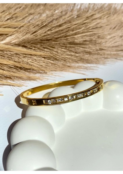 Altın / Gold Renk Zirkon Taşlı 316L Çelik Kelepçe Bileklik fiyatları