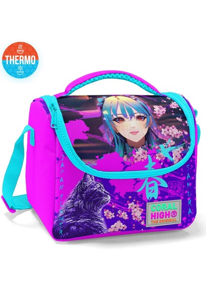 Kids Mor Pembe Anime Kedi Desenli Thermo Beslenme Çantası 11753