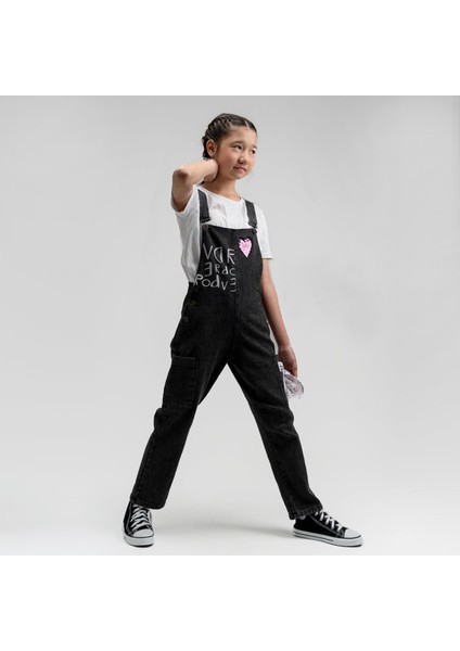 Overdo Kalp Nakışlı Kız Çocuk Salopet