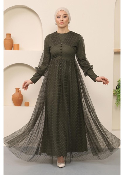 Moda Mihram Düğme Detaylı Tül Abiye Haki 12237