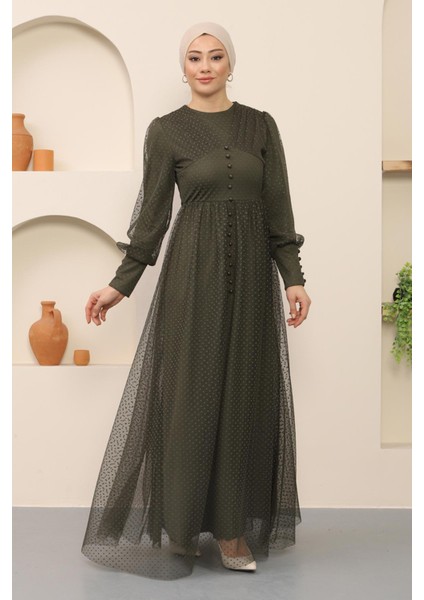 Moda Mihram Düğme Detaylı Tül Abiye Haki 12237