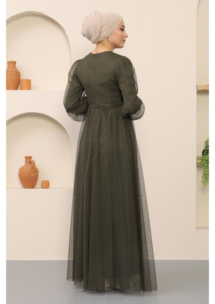 Moda Mihram Düğme Detaylı Tül Abiye Haki 12237