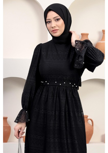 Moda Mihram Inci Detaylı Dantel Abiye Siyah 12239 fiyatları