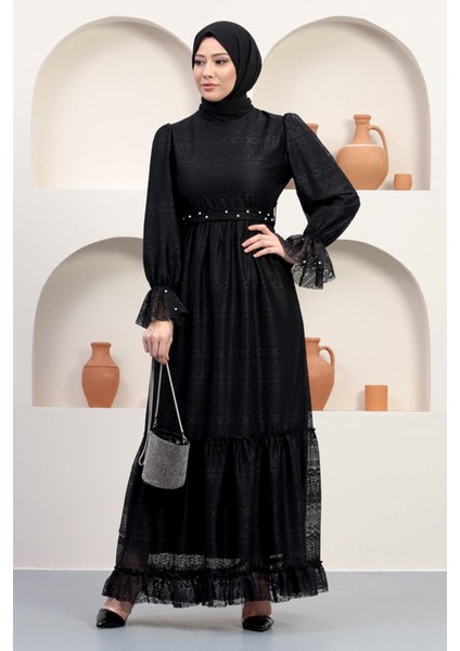 Moda Mihram Inci Detaylı Dantel Abiye Siyah 12239 modelleri