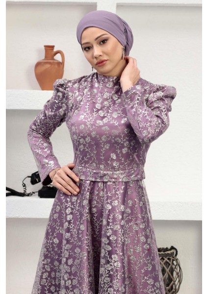 Taşlı Tül Abiye Lila 12241