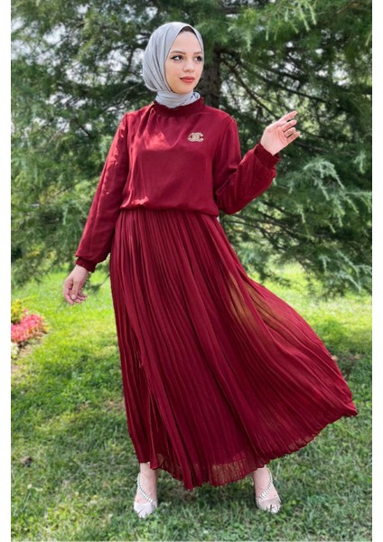 Moda Mihram Pileli Şifon Abiye Bordo 14401