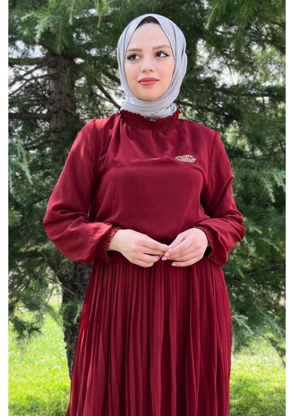 Moda Mihram Pileli Şifon Abiye Bordo 14401