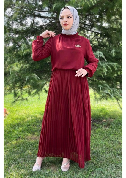 Moda Mihram Pileli Şifon Abiye Bordo 14401