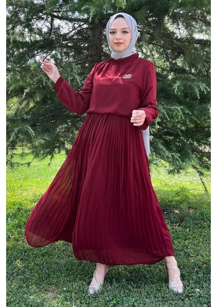 Moda Mihram Pileli Şifon Abiye Bordo 14401