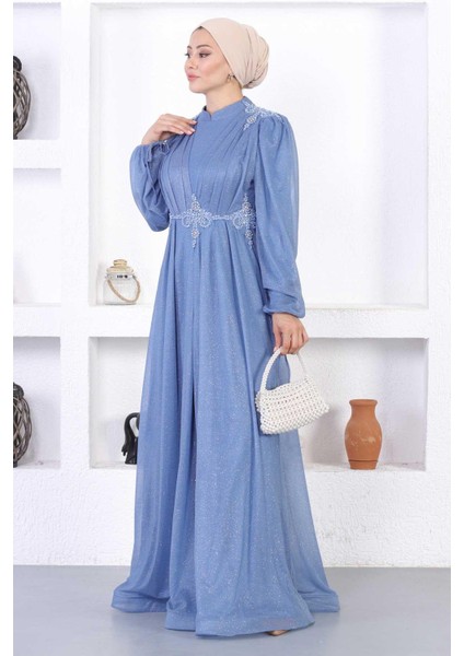 Incili Dantelli Simli Abiye Mavi 12252 modelleri