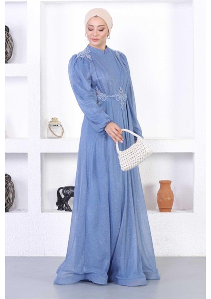 Incili Dantelli Simli Abiye Mavi 12252 fırsatları