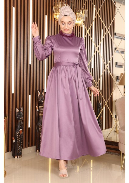 Tüy Detaylı Saten Abiye Lila 19123