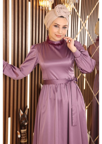 Tüy Detaylı Saten Abiye Lila 19123 fiyatları