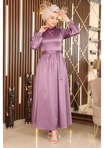 Tüy Detaylı Saten Abiye Lila 19123 modelleri