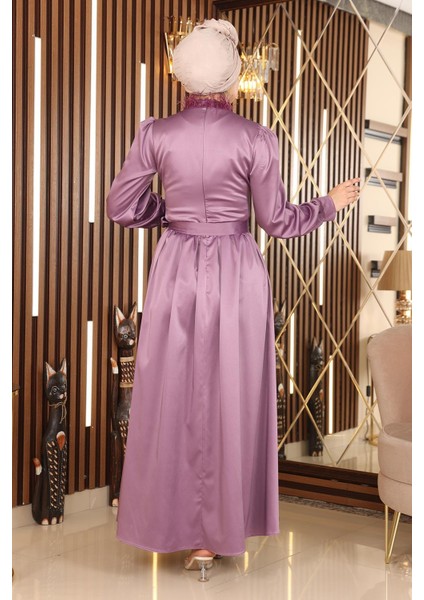 Tüy Detaylı Saten Abiye Lila 19123 indirimleri