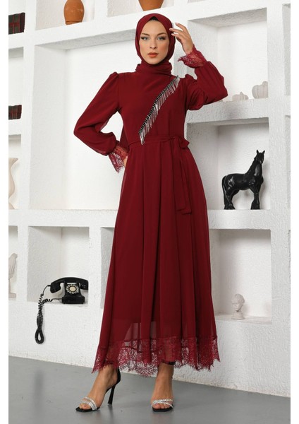 Taş Detaylı Şifon Abiye Bordo 17200 modelleri