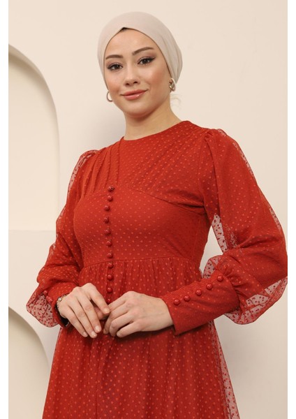 Düğme Detaylı Tül Abiye Kiremit 12237 fiyatları