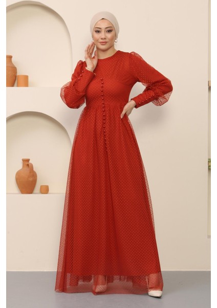 Düğme Detaylı Tül Abiye Kiremit 12237 fırsatları