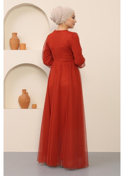 Düğme Detaylı Tül Abiye Kiremit 12237 indirimleri