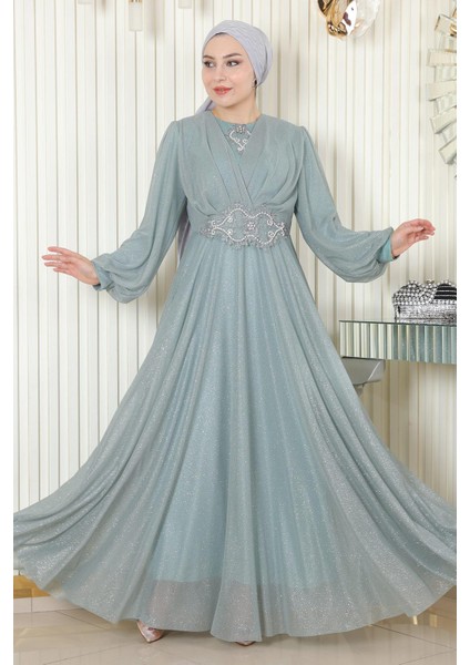 Inci Detaylı Drapeli Simli Abiye Mint 19189