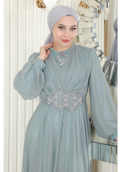 Inci Detaylı Drapeli Simli Abiye Mint 19189 fiyatları