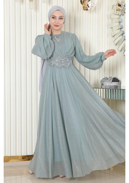 Inci Detaylı Drapeli Simli Abiye Mint 19189 modelleri