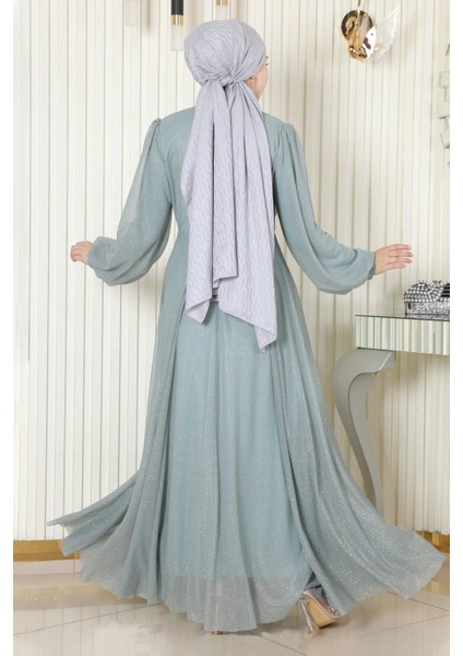 Inci Detaylı Drapeli Simli Abiye Mint 19189 fırsatları