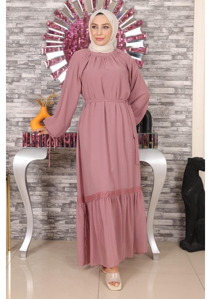 Dantel Detaylı Şifon Abiye Gül Kurusu 19143 modelleri