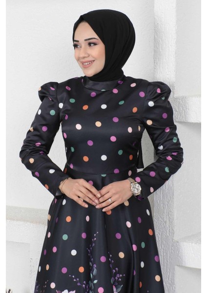 Çiçekli Puantiyeli Saten Abiye Siyah 12251