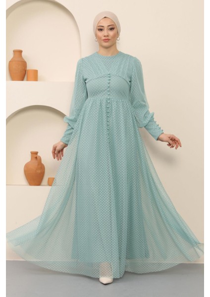 Düğme Detaylı Tül Abiye Mint 12237