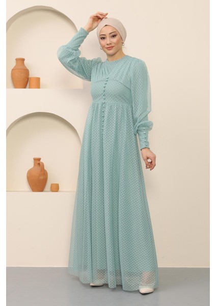 Düğme Detaylı Tül Abiye Mint 12237 modelleri