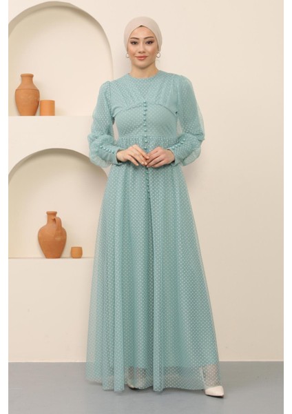 Düğme Detaylı Tül Abiye Mint 12237 fırsatları