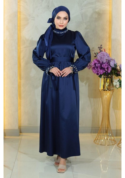 Moda Mihram Incili Saten Abiye Lacivert 19121