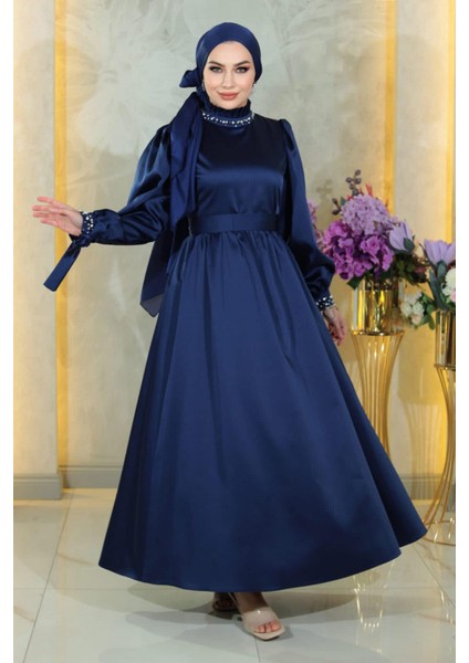 Moda Mihram Incili Saten Abiye Lacivert 19121 modelleri