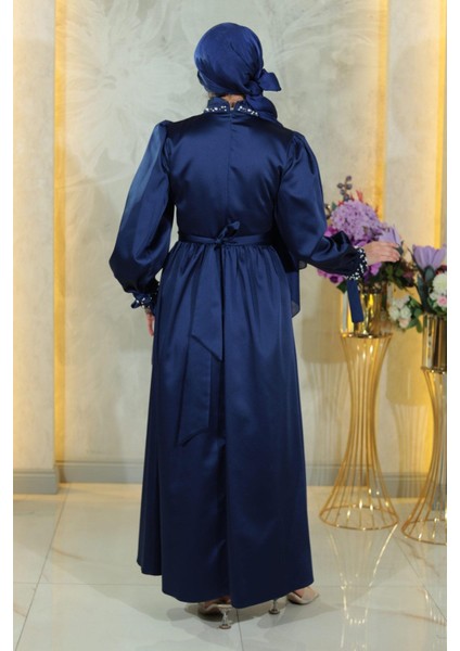 Moda Mihram Incili Saten Abiye Lacivert 19121 fırsatları