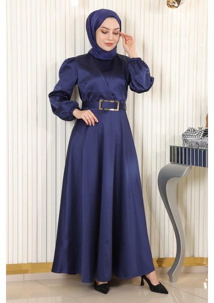Kemerli Saten Abiye Indigo 19191