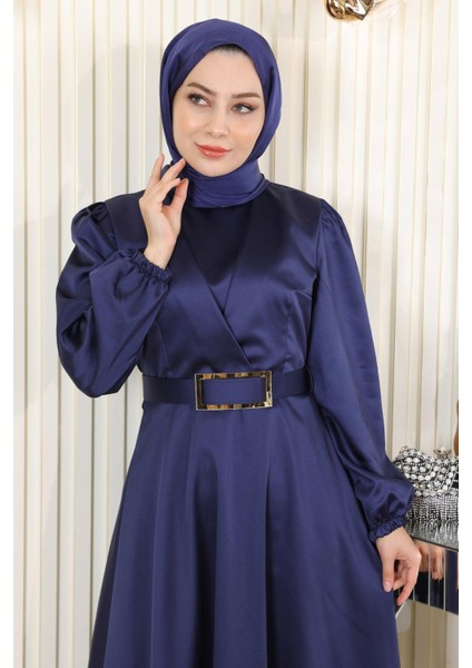 Kemerli Saten Abiye Indigo 19191