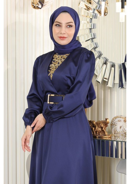 Taş Detaylı Saten Abiye Indigo 19901